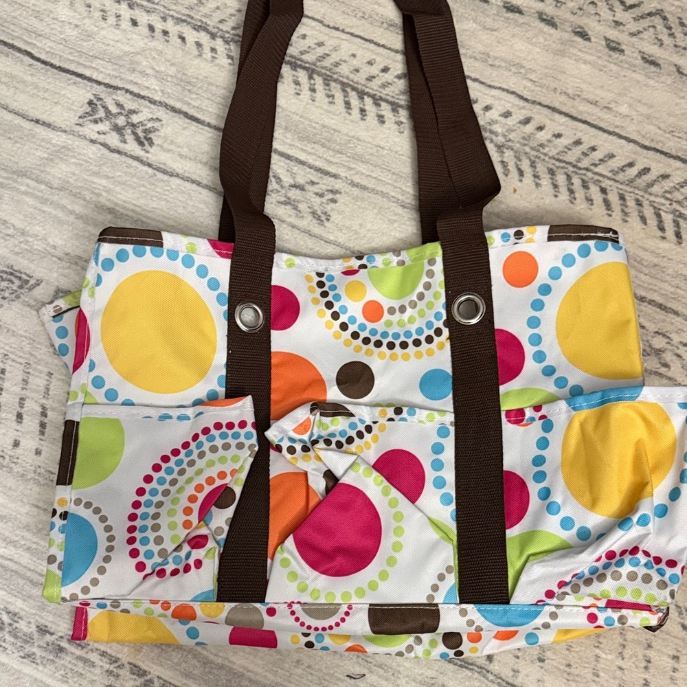 thirty-one Colorful Circle Print Tote with Brown Straps